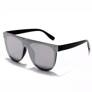 Flat Top Shield Sunglasses Silver Mirrored Lens Studded Accents Oversized Shades